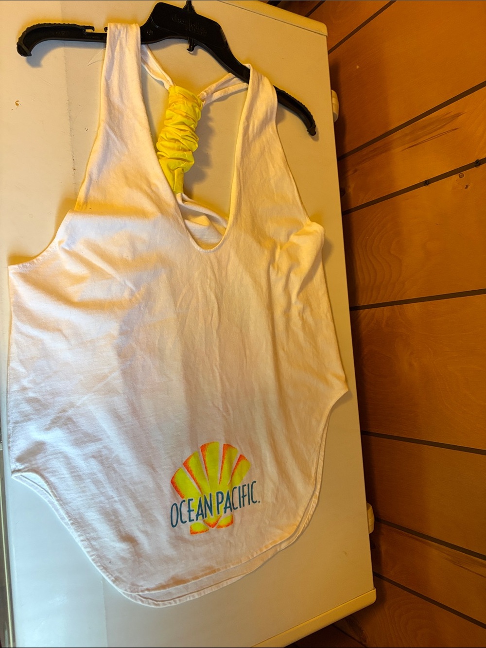 Vintage 80’s Ocean Pacific White Tank with Yellow Shell Logo Smoke Free Home.